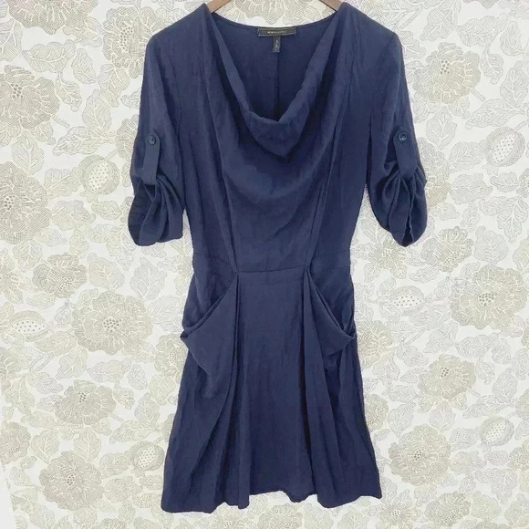 BCBGMaxAzria Draped Neckline Tab sleeve Shift Dress Navy Blue S - Picture 1 of 8